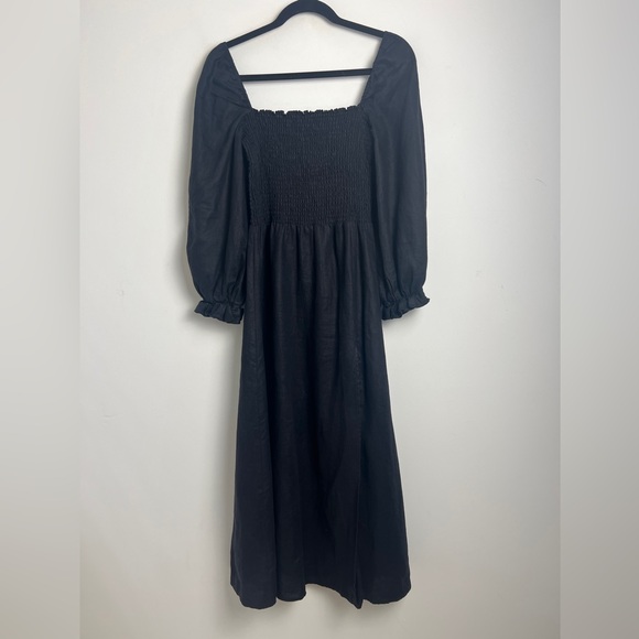 Reformation Small Black Gitane 100% Linen Long Puff Sleeve Smocked Midi Dress - Picture 3 of 14